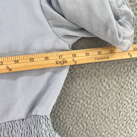 She + Sky Dress Womens Medium Blue Puff Sleeve Ruffle Smocked Cut Out Tie Front - Picture 7 of 11